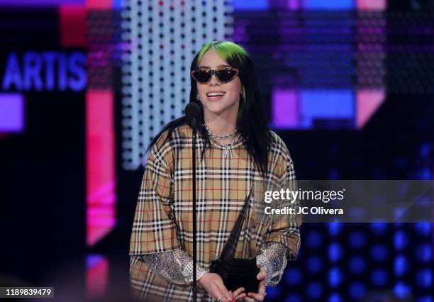 Billie Eilish accepts the Favorite Artist - Alternative Rock award onstage during the 2019 American Music Awards at Microsoft Theater on November 24,...