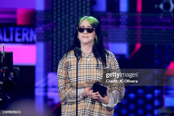 Billie Eilish accepts the Favorite Artist - Alternative Rock award onstage during the 2019 American Music Awards at Microsoft Theater on November 24,...