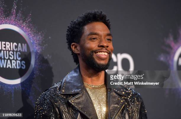 Chadwick Boseman poses in the press room during the 2019 American Music Awards at Microsoft Theater on November 24, 2019 in Los Angeles, California.