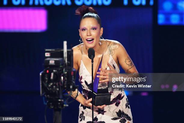 Halsey accepts the Favorite Song - Pop/Rock award for 'Without Me' onstage during the 2019 American Music Awards at Microsoft Theater on November 24,...
