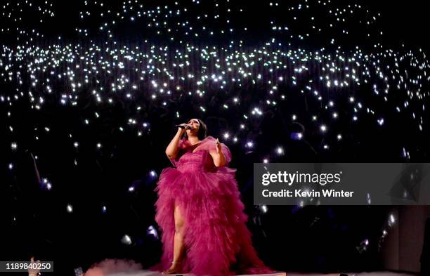 Lizzo performs onstage during the 2019 American Music Awards at Microsoft Theater on November 24, 2019 in Los Angeles, California.