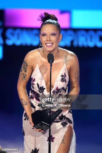 Halsey accepts the Favorite Song - Pop/Rock award for 'Without Me' onstage during the 2019 American Music Awards at Microsoft Theater on November 24,...