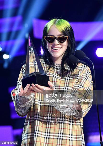 Billie Eilish accepts the Favorite Artist - Alternative Rock award onstage during the 2019 American Music Awards at Microsoft Theater on November 24,...