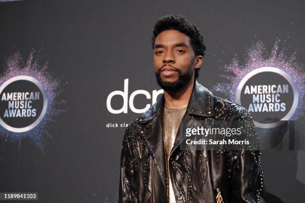 Actor Chadwick Boseman poses in the press room at the 2019 American Music Awards at Microsoft Theater on November 24, 2019 in Los Angeles, California.