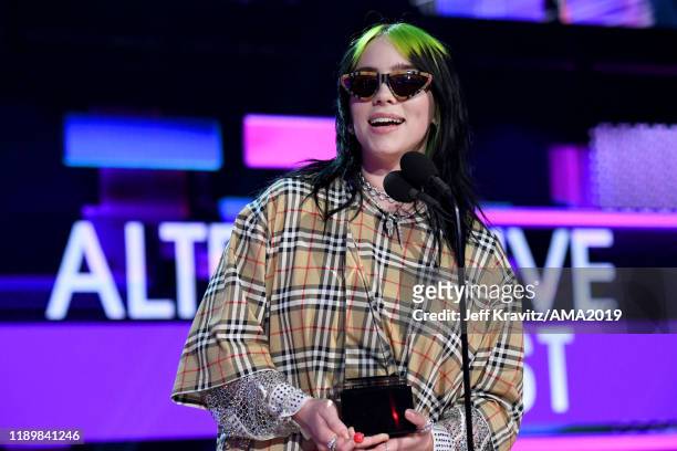 Billie Eilish accepts the Favorite Artist - Alternative Rock award onstage during the 2019 American Music Awards at Microsoft Theater on November 24,...