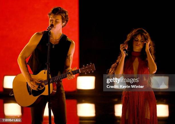 Shawn Mendes and Camila Cabello perform onstage during the 2019 American Music Awards at Microsoft Theater on November 24, 2019 in Los Angeles,...