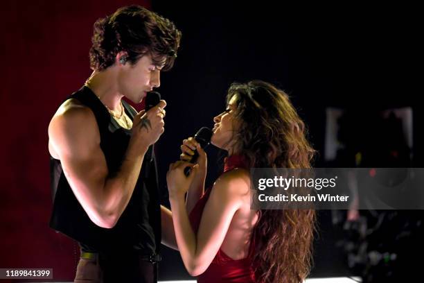 Shawn Mendes and Camila Cabello perform onstage during the 2019 American Music Awards at Microsoft Theater on November 24, 2019 in Los Angeles,...
