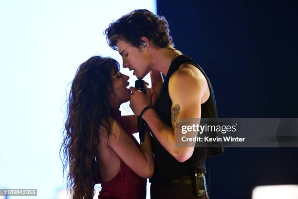 Camila Cabello and Shawn Mendes perform onstage during the 2019 American Music Awards at Microsoft Theater on November 24, 2019 in Los Angeles,...