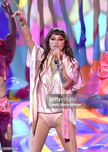 Kesha performs onstage during the 2019 American Music Awards at Microsoft Theater on November 24, 2019 in Los Angeles, California.