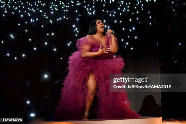 Lizzo performs onstage during the 2019 American Music Awards at Microsoft Theater on November 24, 2019 in Los Angeles, California.