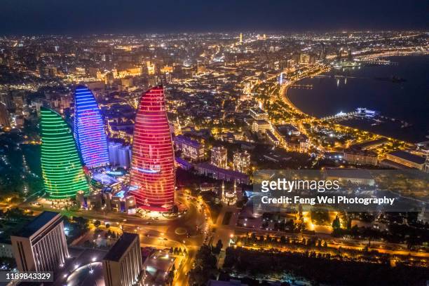 city skyline at night, baku, azerbaijan, south caucasus, eurasia - baku stock pictures, royalty-free photos & images