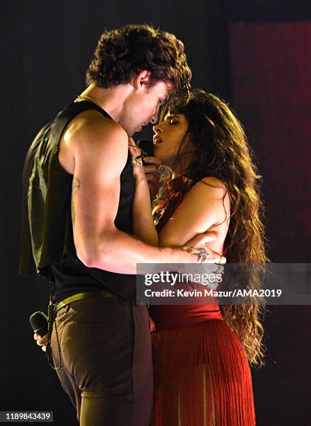 Shawn Mendes and Camila Cabello perform onstage during the 2019 American Music Awards at Microsoft Theater on November 24, 2019 in Los Angeles,...