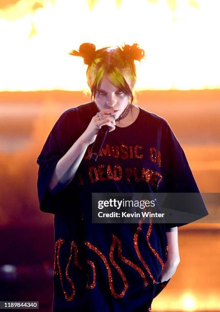 Billie Eilish performs onstage during the 2019 American Music Awards at Microsoft Theater on November 24, 2019 in Los Angeles, California.