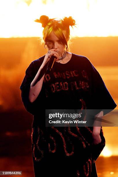 Billie Eilish performs onstage during the 2019 American Music Awards at Microsoft Theater on November 24, 2019 in Los Angeles, California.