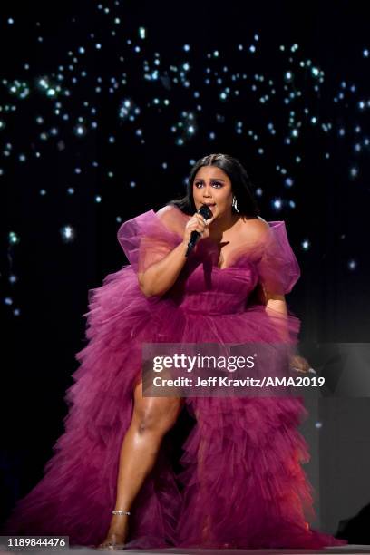 Lizzo performs onstage during the 2019 American Music Awards at Microsoft Theater on November 24, 2019 in Los Angeles, California.