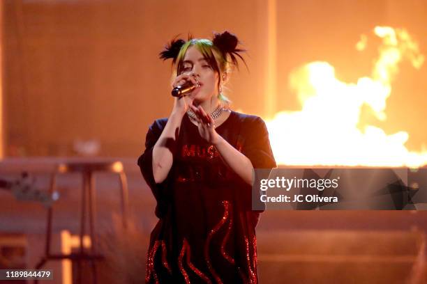 Billie Eilish performs onstage during the 2019 American Music Awards at Microsoft Theater on November 24, 2019 in Los Angeles, California.