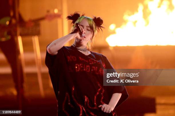 Billie Eilish performs onstage during the 2019 American Music Awards at Microsoft Theater on November 24, 2019 in Los Angeles, California.