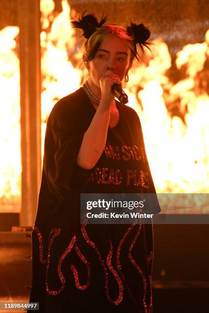 Billie Eilish performs onstage during the 2019 American Music Awards at Microsoft Theater on November 24, 2019 in Los Angeles, California.