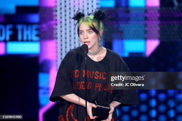 Billie Eilish accepts the New Artist of the Year award performs onstage during the 2019 American Music Awards at Microsoft Theater on November 24,...