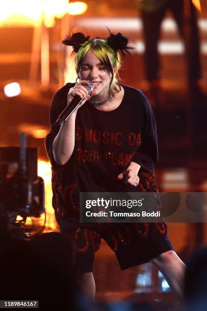 Billie Eilish performs onstage during the 2019 American Music Awards at Microsoft Theater on November 24, 2019 in Los Angeles, California.