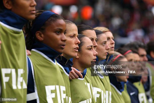 The France substitutes line up for their national anthem prior to the FIFA Women's World Cup Semi Final match between France and USA at Borussia-Park...