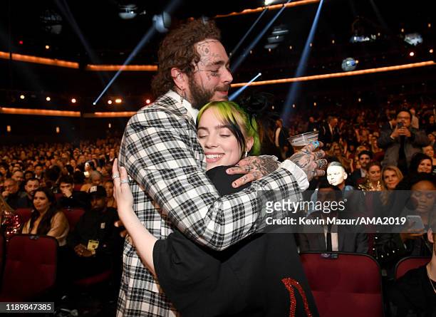 Post Malone and Billie Eilish attend the 2019 American Music Awards at Microsoft Theater on November 24, 2019 in Los Angeles, California.