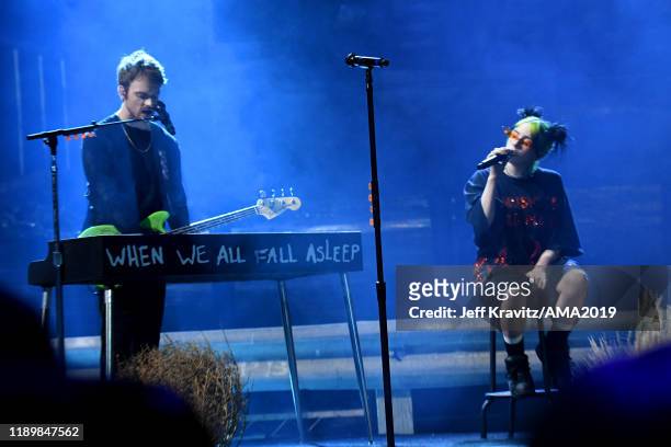 Finneas O'Connell and Billie Eilish perform onstage during the 2019 American Music Awards at Microsoft Theater on November 24, 2019 in Los Angeles,...