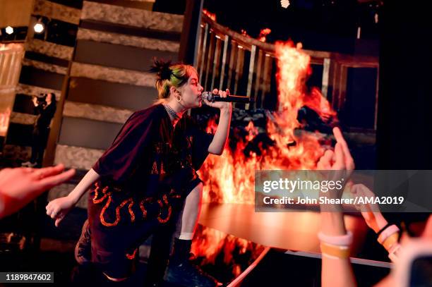 Billie Eilish performs onstage during the 2019 American Music Awards at Microsoft Theater on November 24, 2019 in Los Angeles, California.