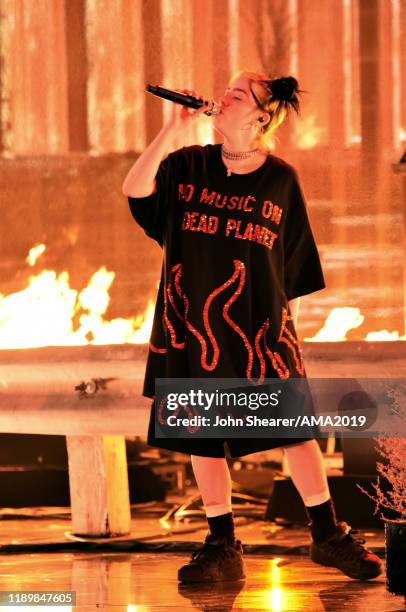 Billie Eilish performs onstage during the 2019 American Music Awards at Microsoft Theater on November 24, 2019 in Los Angeles, California.