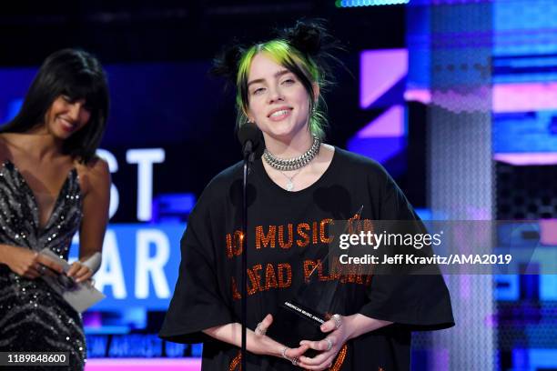 Billie Eilish accepts the New Artist of the Year award onstage during the 2019 American Music Awards at Microsoft Theater on November 24, 2019 in Los...