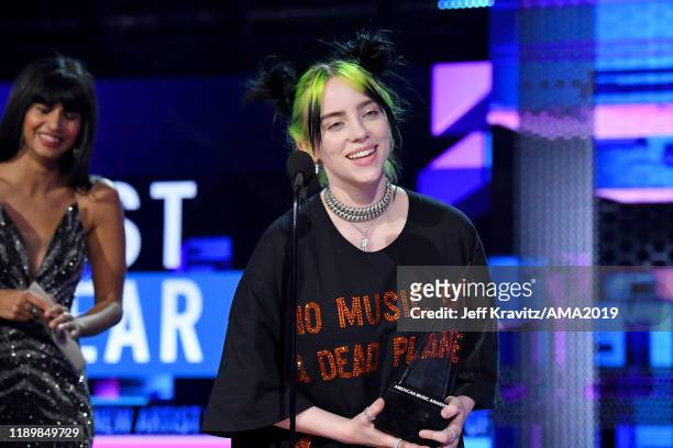 Billie Eilish accepts the New Artist of the Year award onstage during the 2019 American Music Awards at Microsoft Theater on November 24, 2019 in Los...