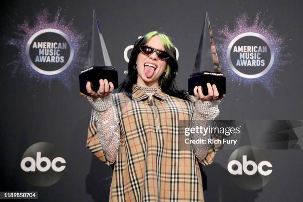 Billie Eilish, winner of New Artist of the Year and Favorite Artist - Alternative Rock, poses in the press room during the 2019 American Music Awards...