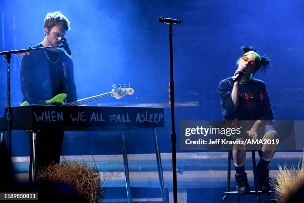 Finneas O'Connell and Billie Eilish perform onstage during the 2019 American Music Awards at Microsoft Theater on November 24, 2019 in Los Angeles,...