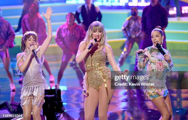 Camila Cabello, Taylor Swift, and Halsey perform onstage during the 2019 American Music Awards at Microsoft Theater on November 24, 2019 in Los...