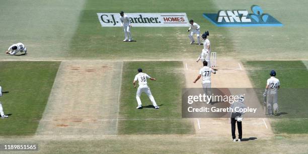 England captain Joe Root is caught out by Tom Latham of New Zealand during day five of the first Test match between New Zealand and England at Bay...