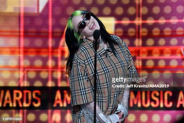 Billie Eilish speaks onstage during the 2019 American Music Awards at Microsoft Theater on November 24, 2019 in Los Angeles, California.