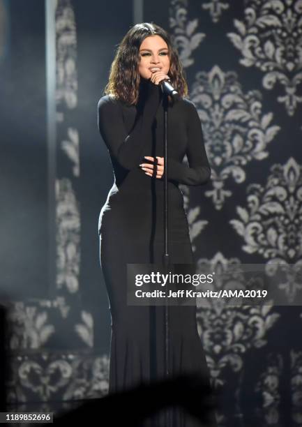 Selena Gomez performs onstage during the 2019 American Music Awards at Microsoft Theater on November 24, 2019 in Los Angeles, California.