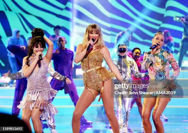 Camila Cabello, Taylor Swift and Halsey perform onstage during the 2019 American Music Awards at Microsoft Theater on November 24, 2019 in Los...