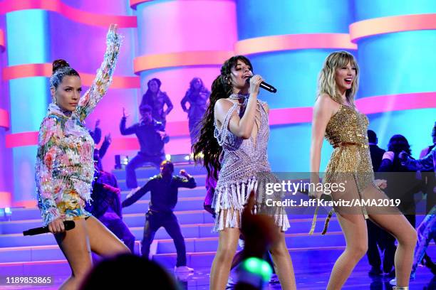 Halsey, Camila Cabello, and Taylor Swift perform onstage during the 2019 American Music Awards at Microsoft Theater on November 24, 2019 in Los...