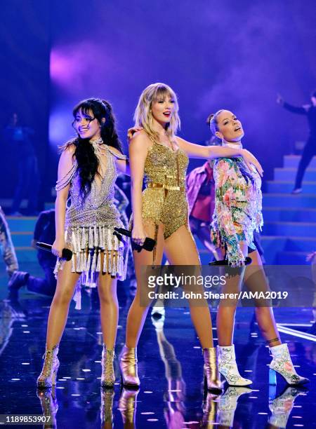 Camila Cabello, Taylor Swift, and Halsey perform onstage during the 2019 American Music Awards at Microsoft Theater on November 24, 2019 in Los...