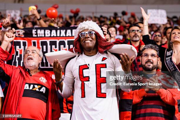 Flamengo supporters show their support during the FIFA Club World Cup Final match between Liverpool FC and CR Flamengo at Khalifa International...