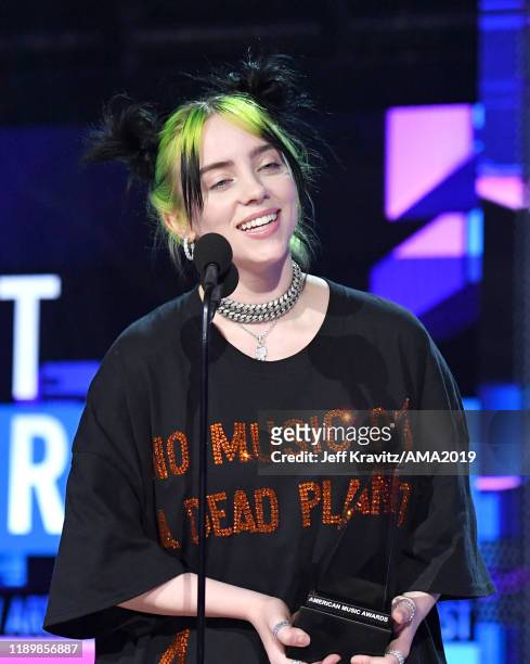 Billie Eilish accepts the New Artist of the Year award onstage during the 2019 American Music Awards at Microsoft Theater on November 24, 2019 in Los...
