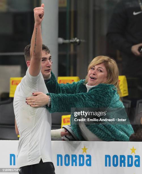 Sebastiano Esposito of FC Internazionale celebrates with his mother after the winning at the end of the Serie A match between FC Internazionale and...