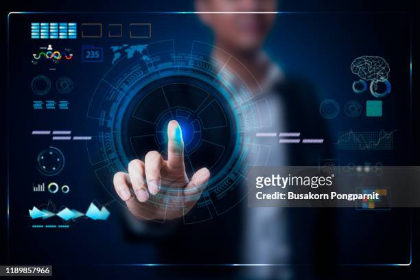 businessman working on a virtual digital data technology concept design - augmented reality marketing stock-fotos und bilder