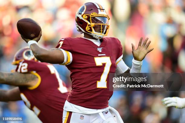 Dwayne Haskins of the Washington Redskins throws a pass in the second half against the Detroit Lions at FedExField on November 24, 2019 in Landover,...