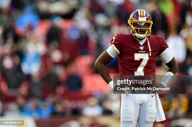 Dwayne Haskins of the Washington Redskins reacts after a play in the second half against the Detroit Lions at FedExField on November 24, 2019 in...