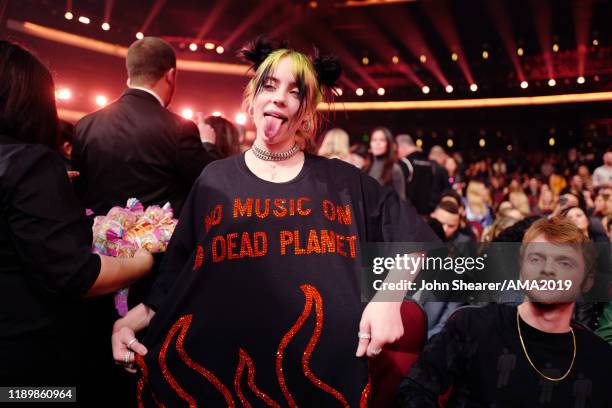 Billie Eilish and Finneas O'Connell attend the 2019 American Music Awards at Microsoft Theater on November 24, 2019 in Los Angeles, California.