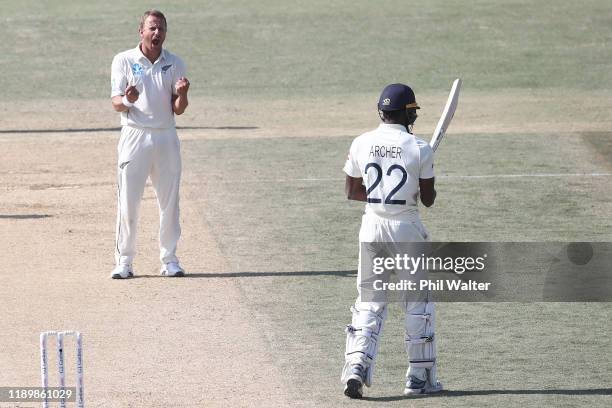 Neil Wagner of New Zealand celebrates the wicket of Jofra Archer of England during day five of the first Test match between New Zealand and England...