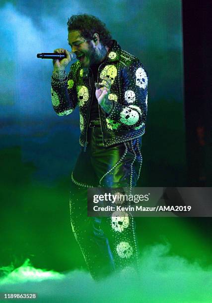 Post Malone performs onstage during the 2019 American Music Awards at Microsoft Theater on November 24, 2019 in Los Angeles, California.