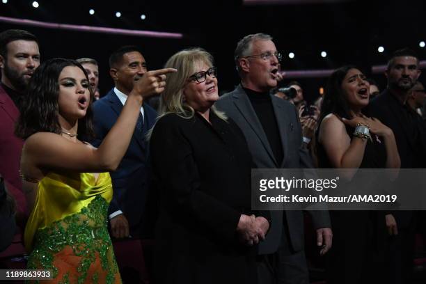 Selena Gomez, Andrea Swift, and Scott Kingsley Swift attend the 2019 American Music Awards at Microsoft Theater on November 24, 2019 in Los Angeles,...